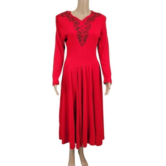 Expo Vintage Bright Red Fit & Flare Party Dress Long Sleeves Wool Blend Women's - Picture 1 of 14